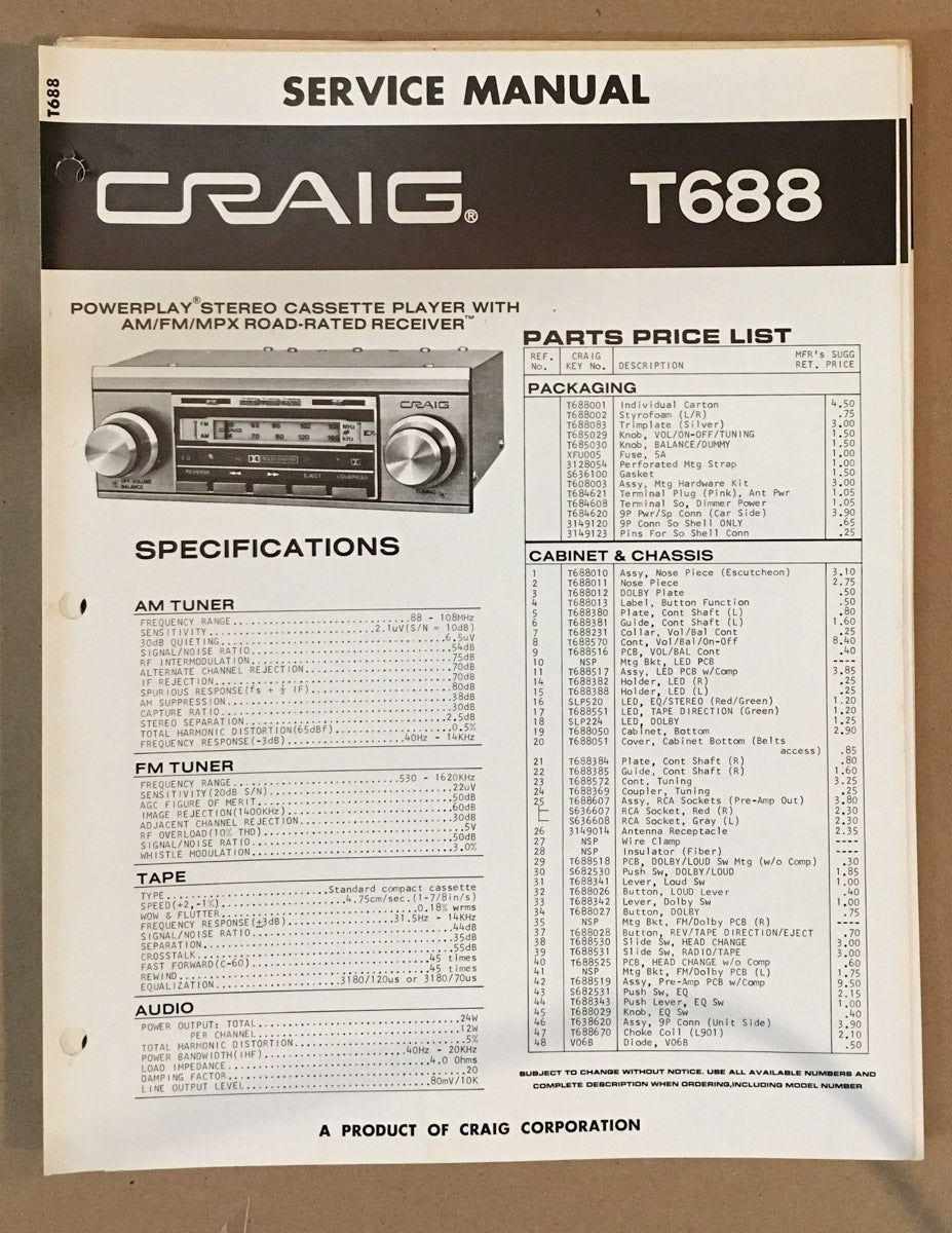 Craig Model T688 Car Stereo / Cassette Service Manual *Original*