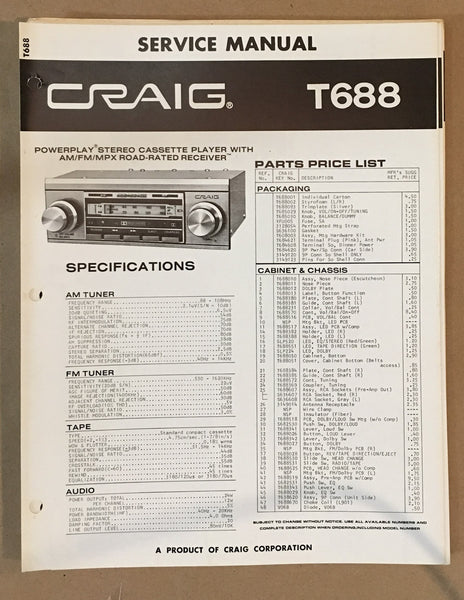 Craig Model T688 Car Stereo / Cassette Service Manual *Original*