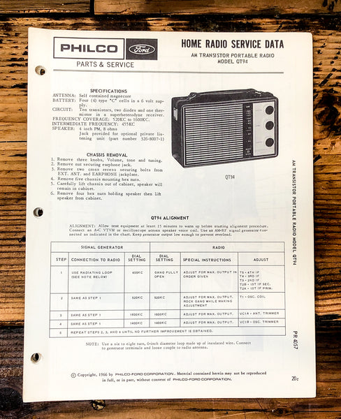 Philco Ford QT-94 QT94 Radio Service Manual *Original*