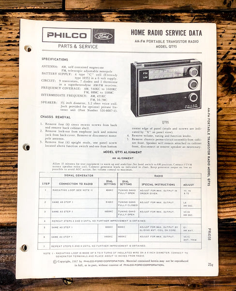 Philco Ford QT-95 QT95 Radio Service Manual *Original*