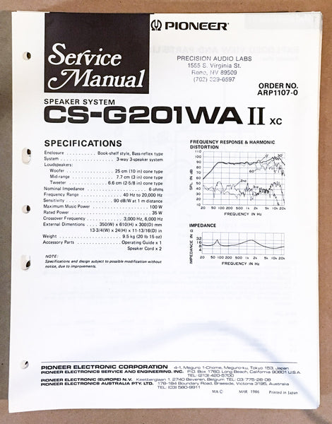 Pioneer CS-G201 WA II SPEAKER Service Manual *Original*