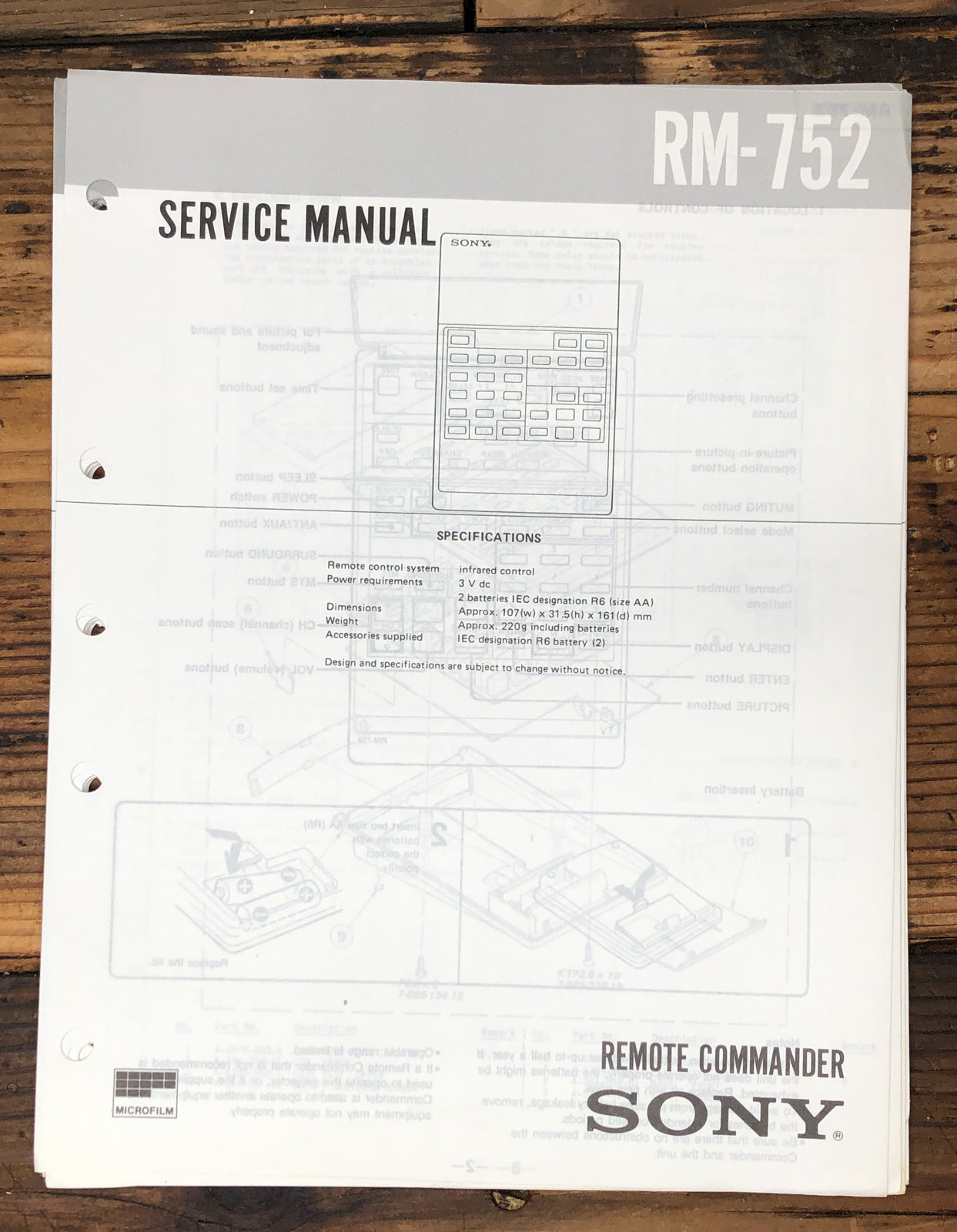 Sony RM-752 Remote Control  Service Manual *Original*