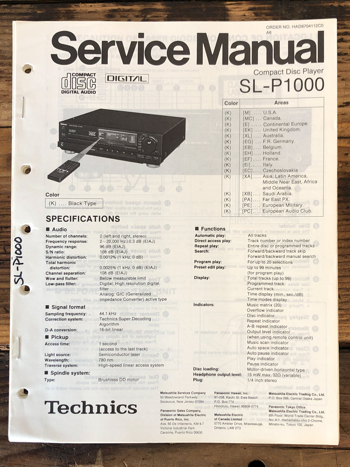 Technics SL-P1000 CD Player  Service Manual *Original*