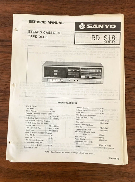 Sanyo RD S18 Cassette Deck Service Manual *Original*