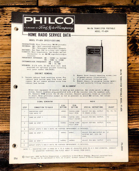 Philco Ford PT-804 PT804 Radio Service Manual *Original*