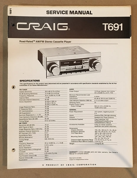 Craig Model T691 Car Stereo / Cassette Service Manual *Original*