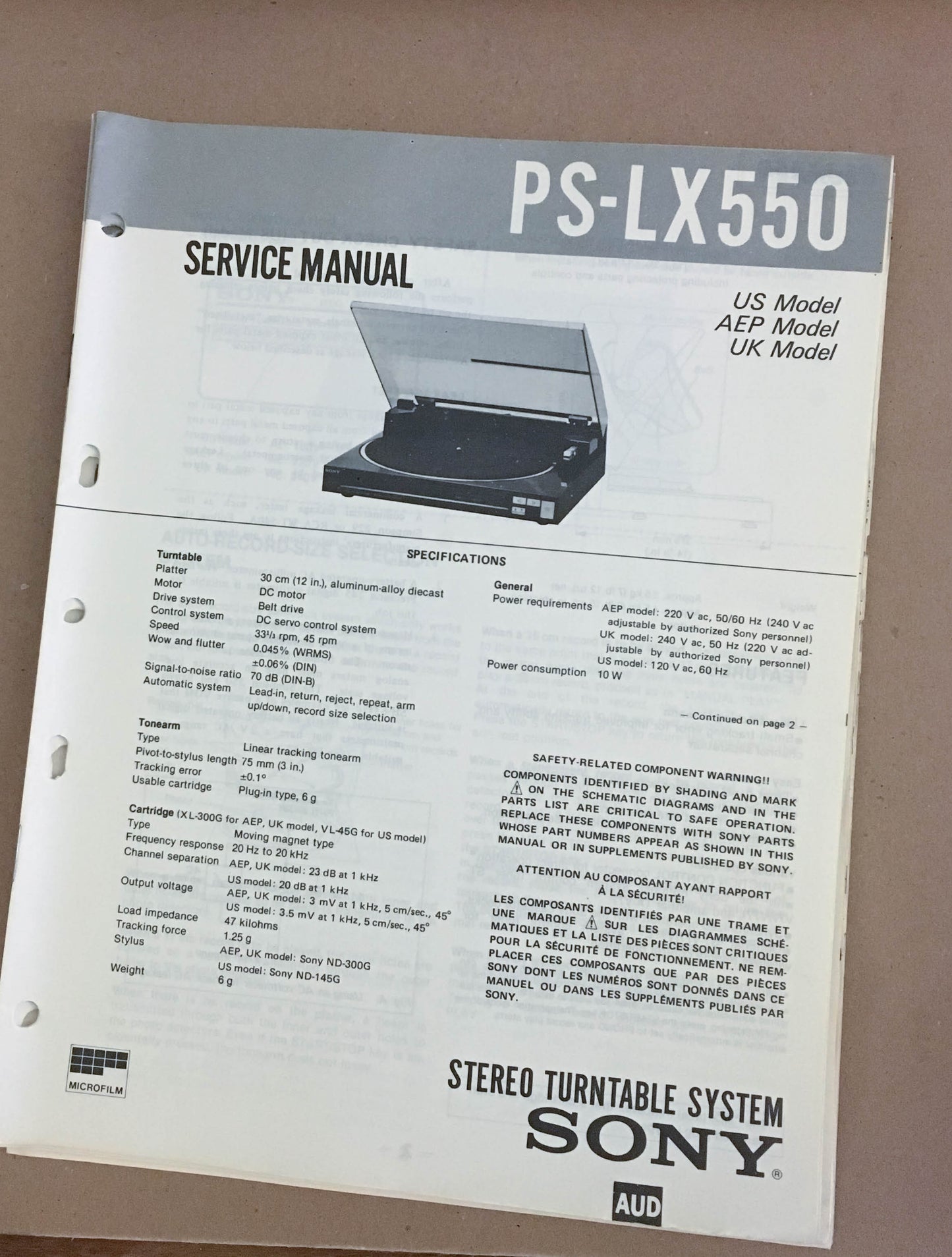 Sony PS-LX550 Turntable Record Player  Service Manual *Original*