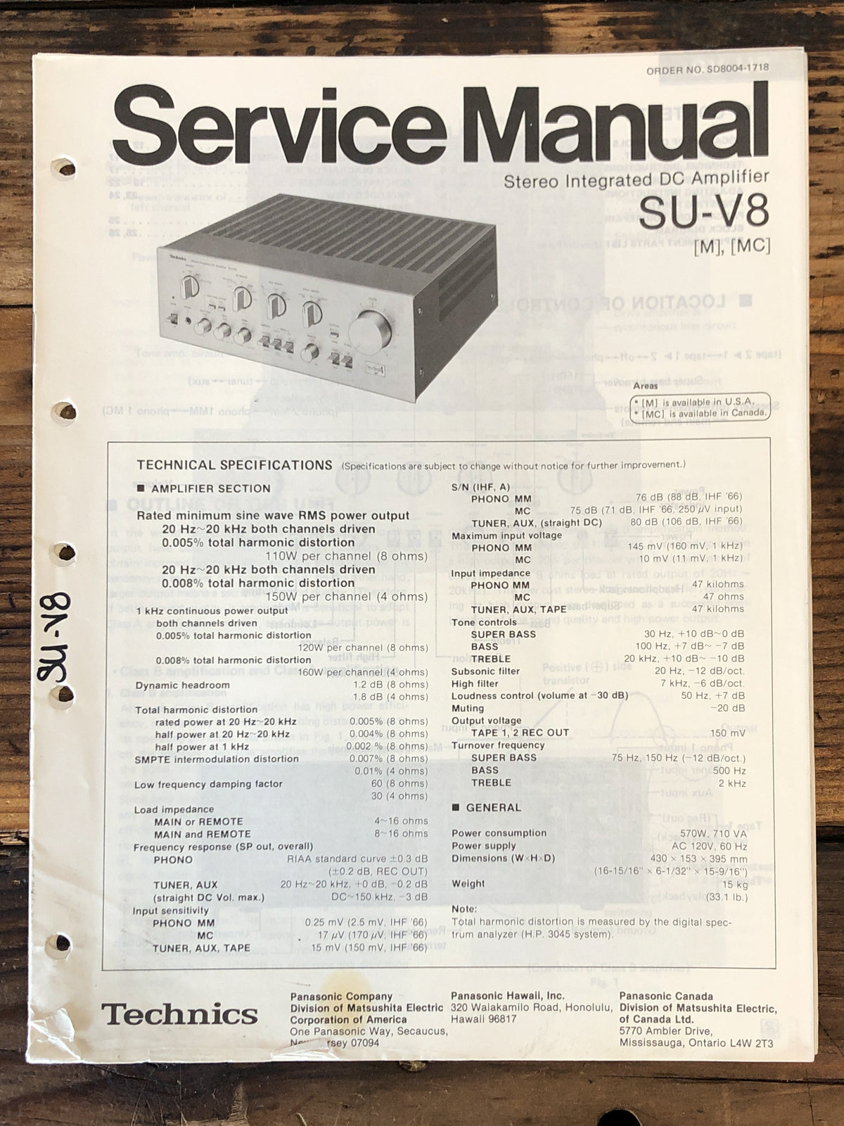 Technics SU-V8 Amplifier  Service Manual *Original*