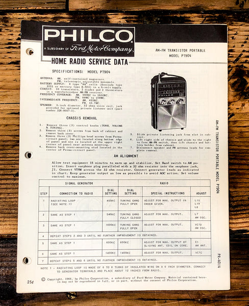 Philco Ford PT-904 PT904 Radio Service Manual *Original*