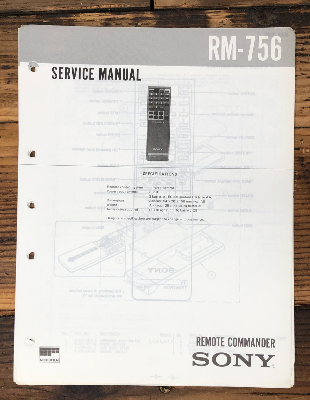 Sony RM-756 Remote Control  Service Manual *Original*