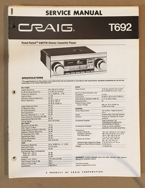 Craig Model T692 Car Stereo / Cassette Service Manual *Original*