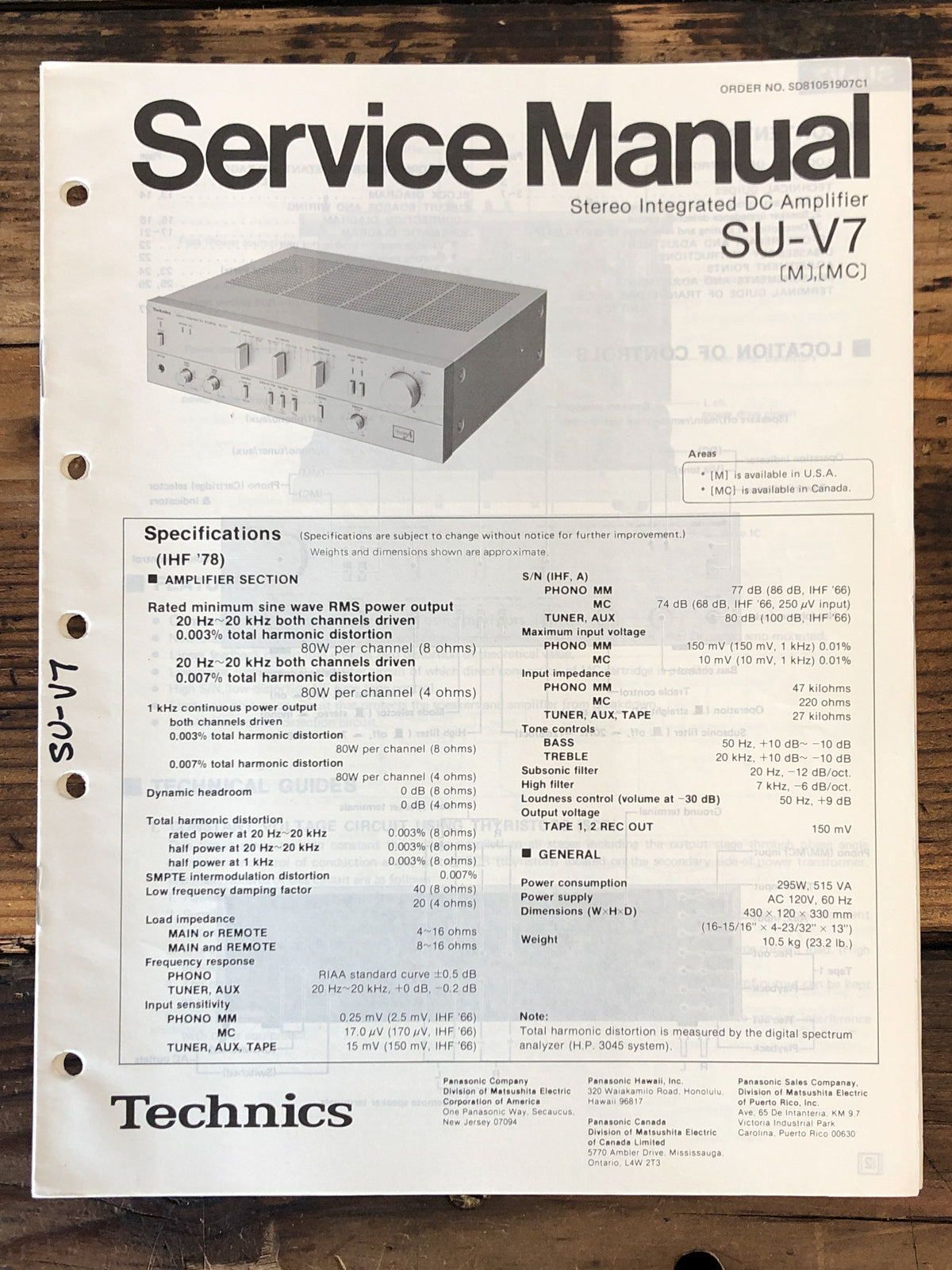 Technics SU-V7 Amplifier  Service Manual *Original*
