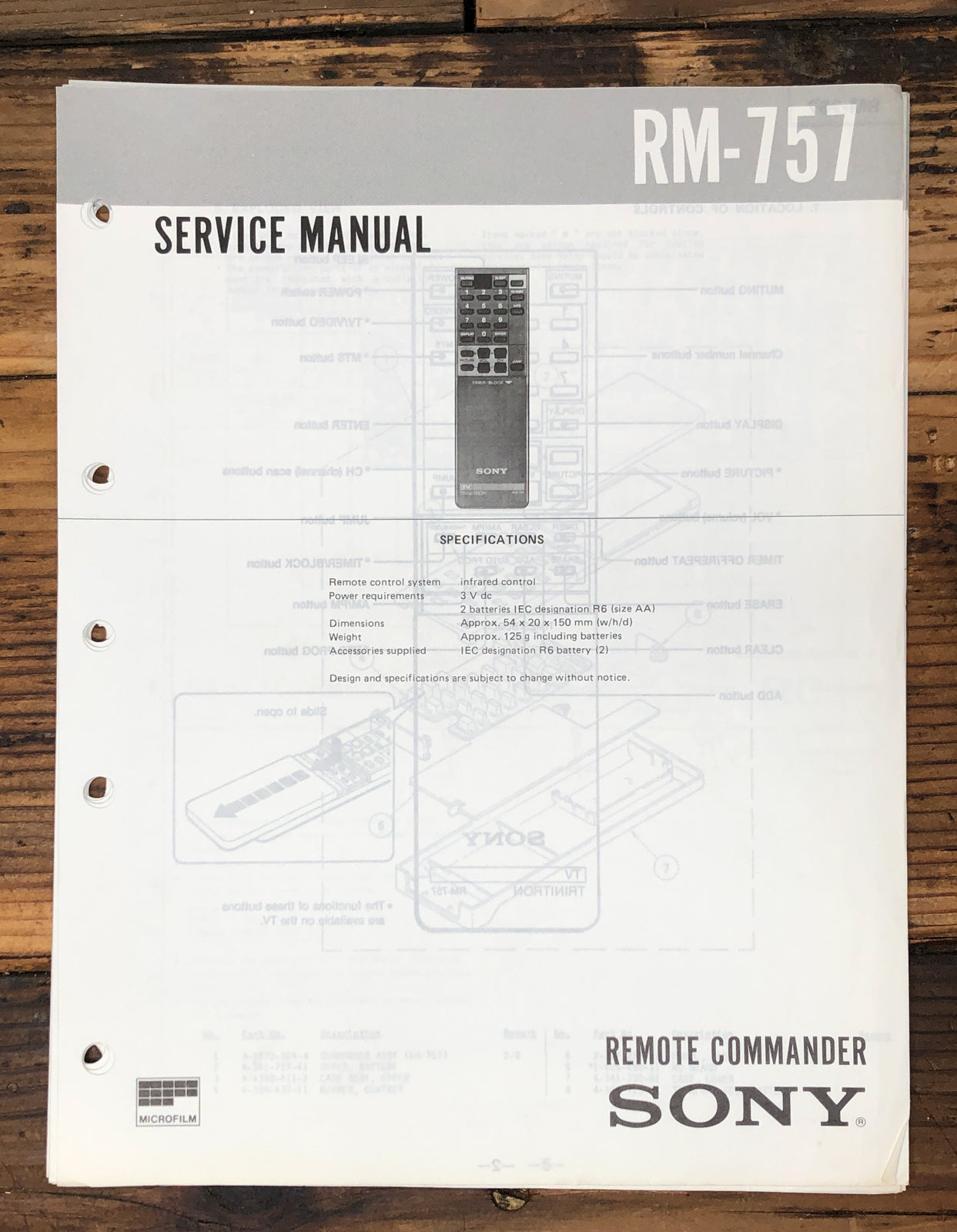 Sony RM-757 Remote Control  Service Manual *Original*