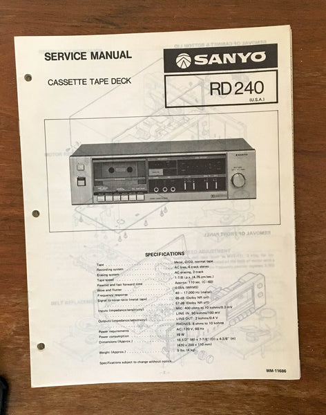 Sanyo RD 240 Tape Cassette Deck Service Manual *Original*
