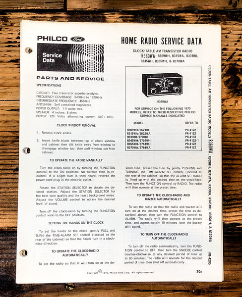 PHILCO R315 R360 R370 WA R309 R345 R355 WH R339BR  Radio Service Manual ORIG