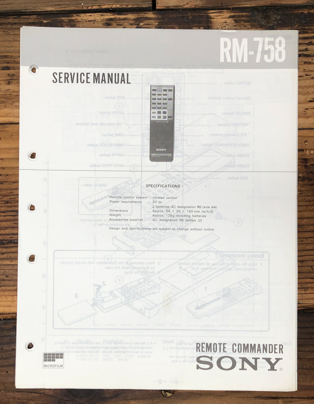 Sony RM-758 Remote Control  Service Manual *Original*