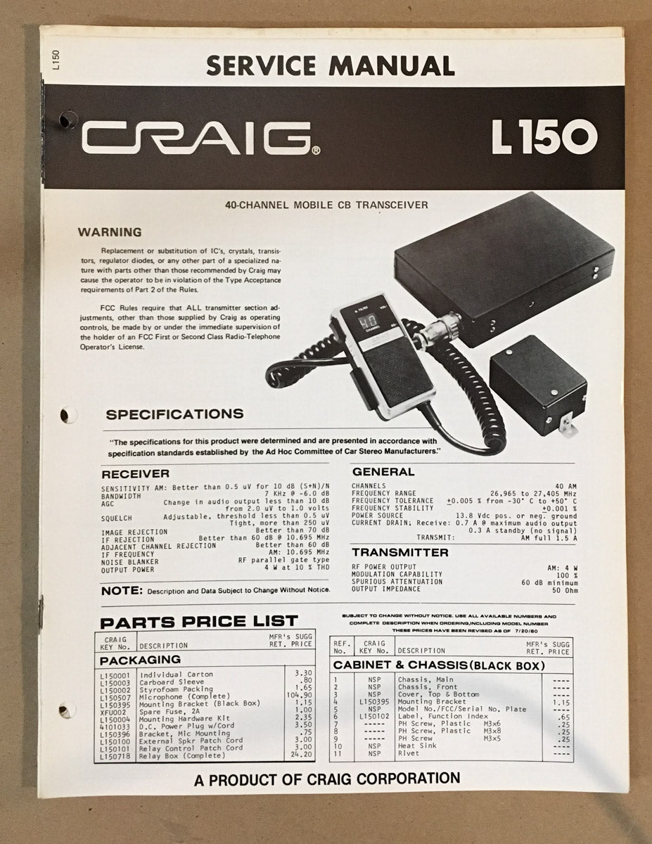 Craig Model L150 CB Transceiver Service Manual *Original*