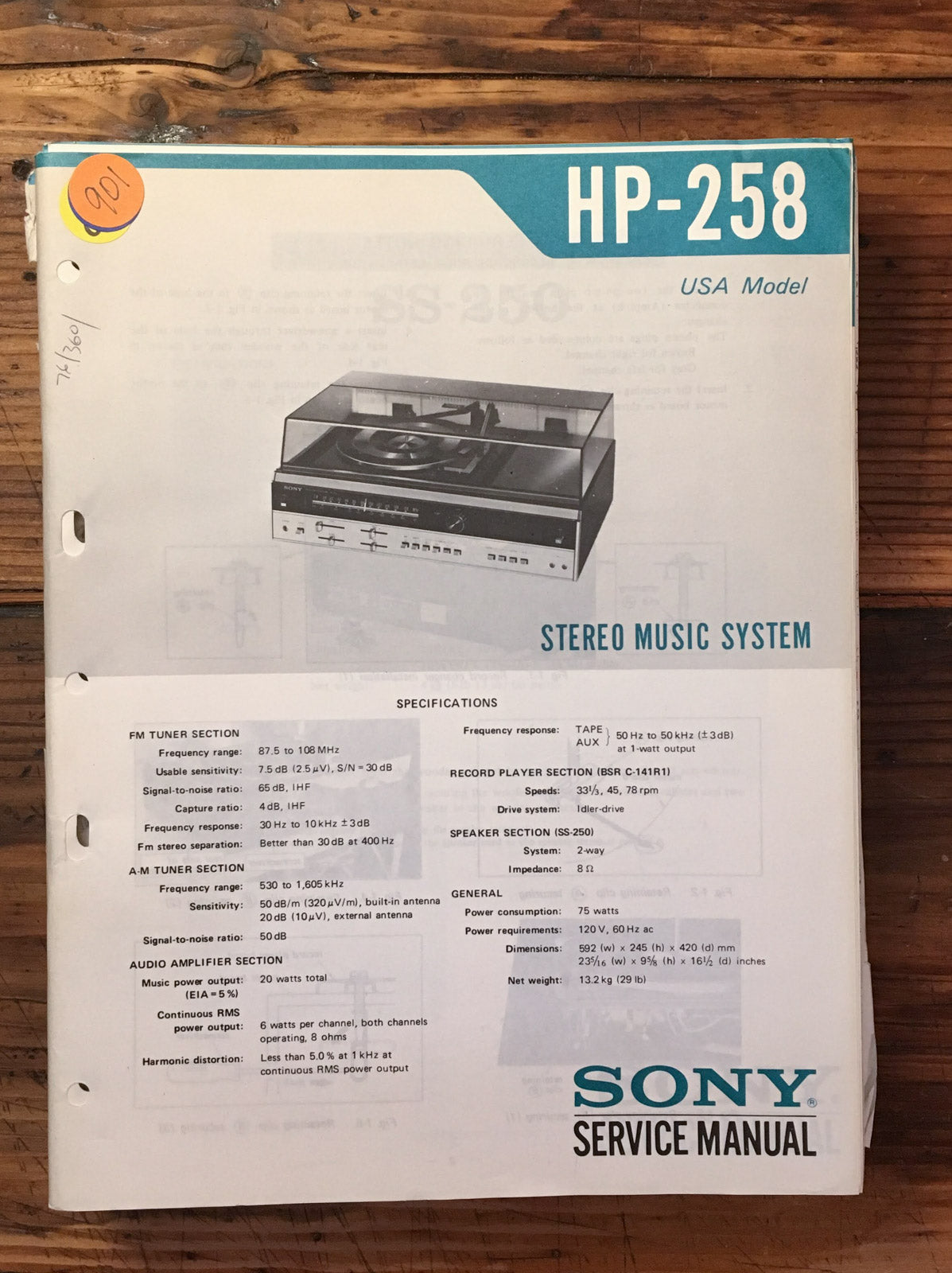 Sony HP-258 Stereo  Service Manual *Original*