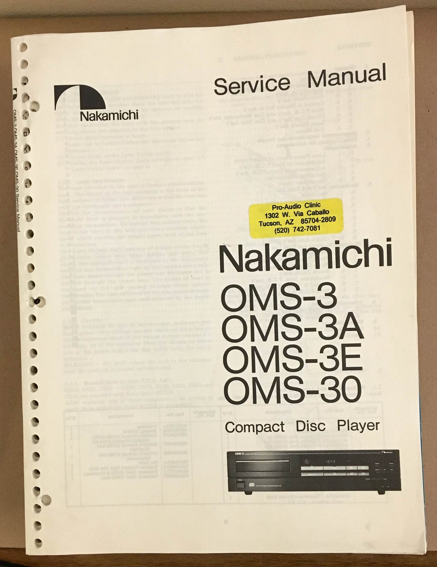 Nakamichi OMS-3 3A 3E OMS-30 CD Player Service Manual *Original*