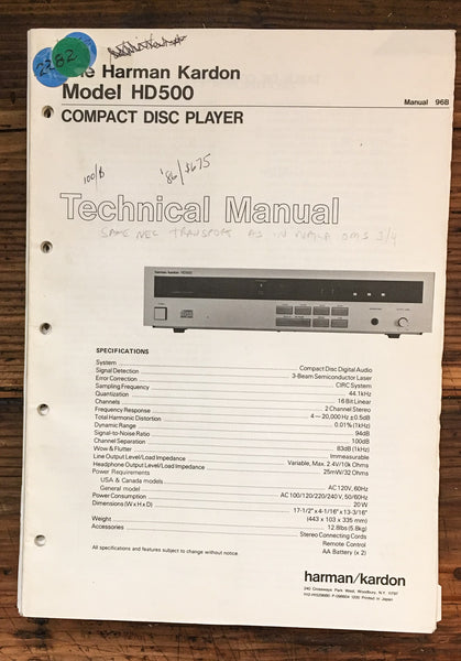 Harman Kardon 500 HD-500 CD Player  Service Manual *Original*