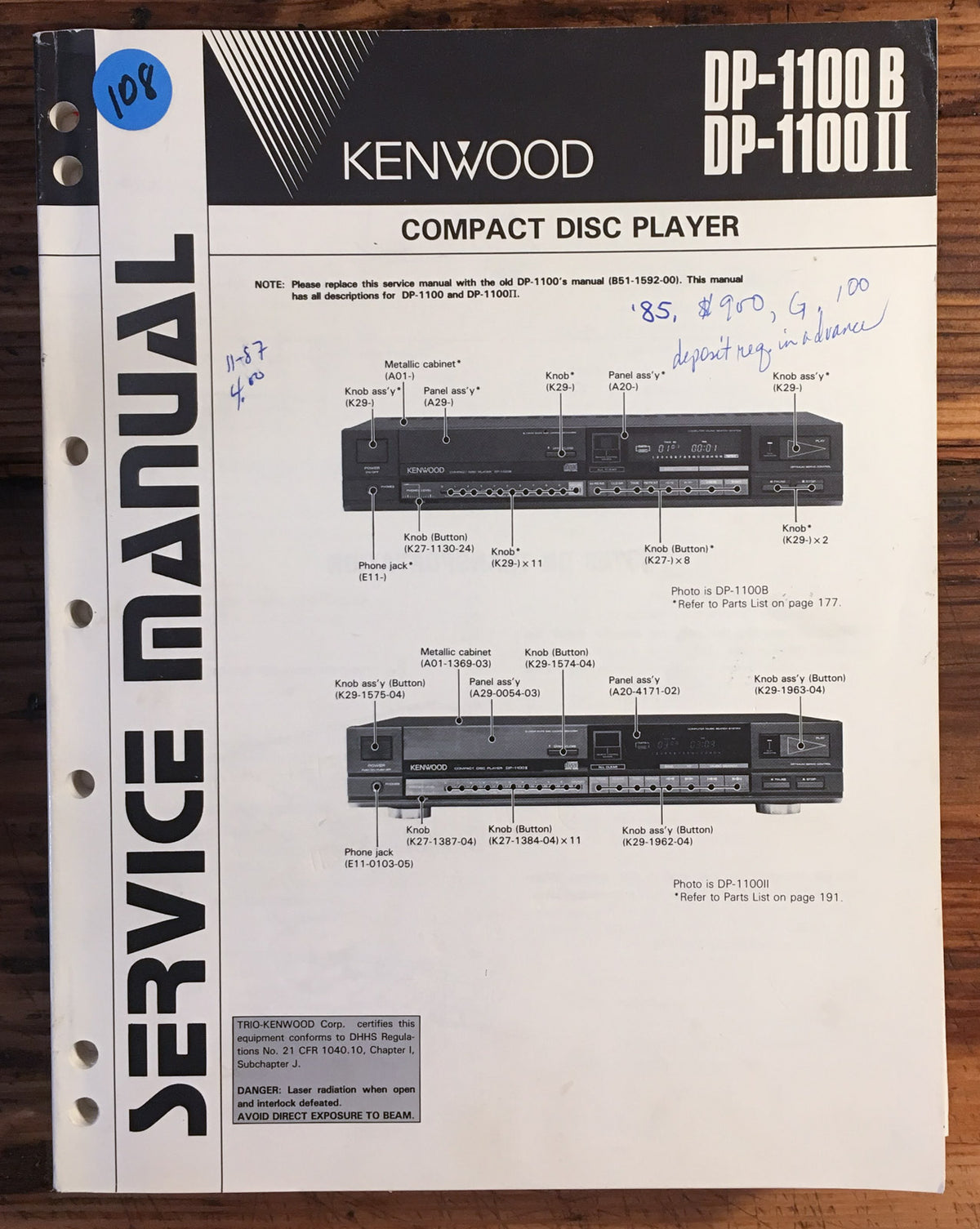 Kenwood DP-1100 B DP-1100 II   Service Manual *Original*