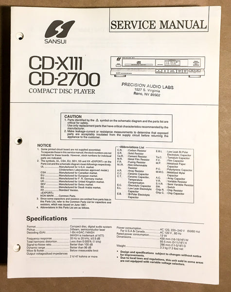 Sansui CD-X111 CD-2700 CD Player Service Manual *Original*