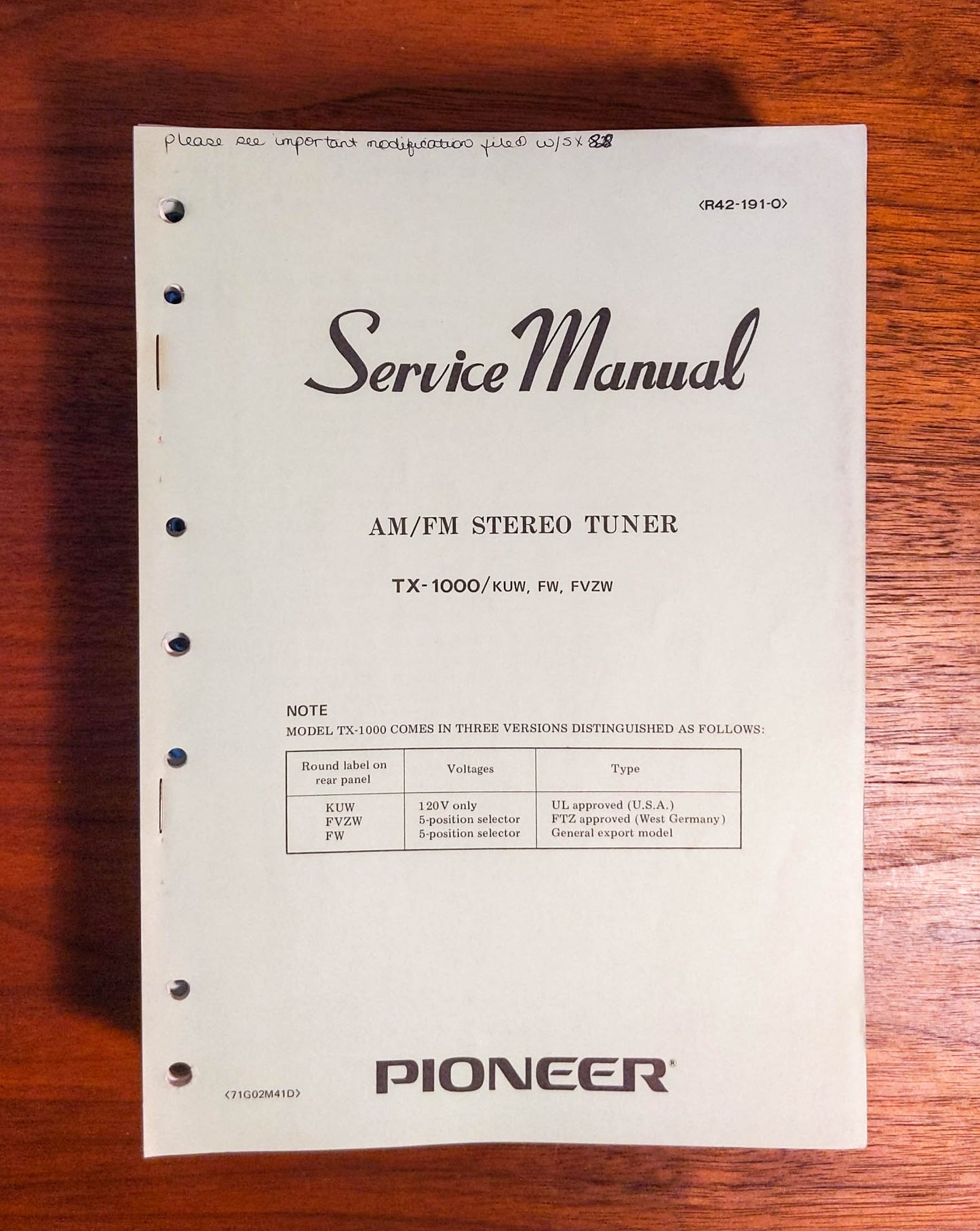 Pioneer TX-1000 Tuner Service Manual *Original*