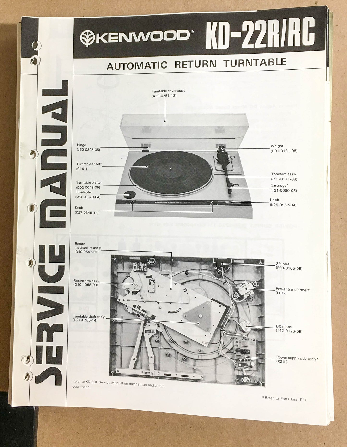 Kenwood KD-22R KD-22RC Turntable / Record Player  Service Manual *Original*