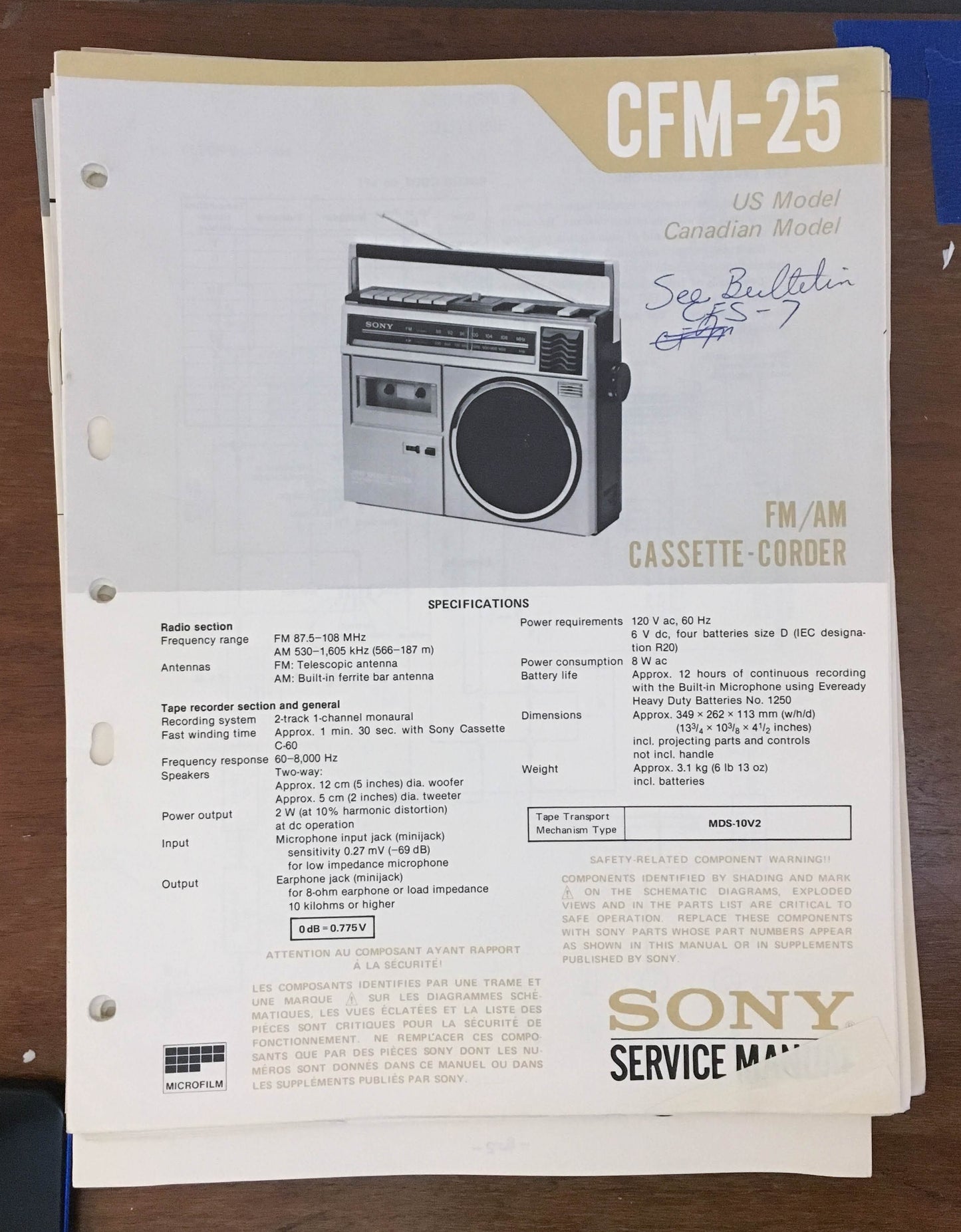 Sony CFM-25 Radio Cassette Recorder Service Manual *Original*