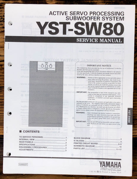 Yamaha YST-SW80 Subwoofer Service Manual *Original*