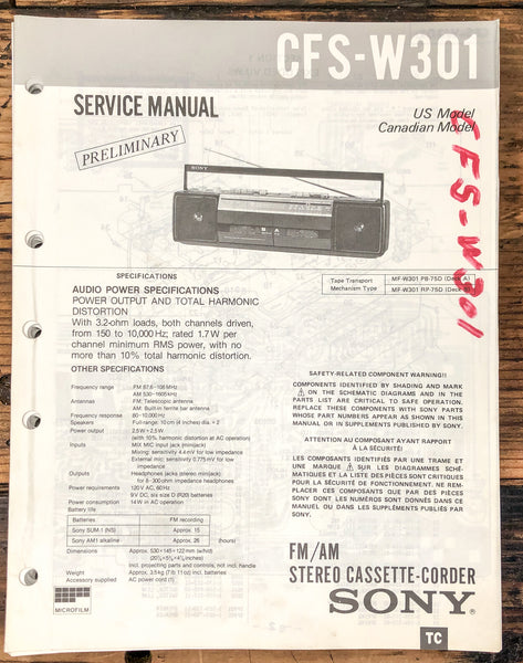 Sony CFS-W301 Radio / Boombox  Service Manual *Original* #1