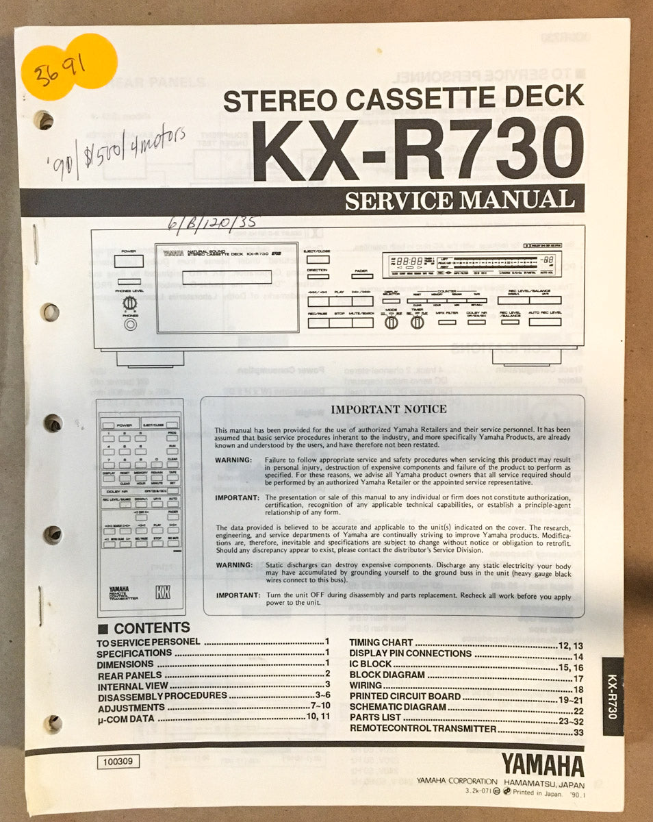 Yamaha KX-R730 Cassette Deck  Service Manual *Original*