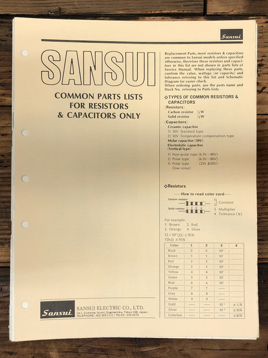 Sansui  Common Parts Lists - Resistors & Capacitors   Service Manual *Original*