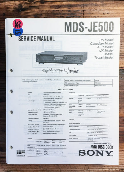 Sony MDS-JE500 Mini Disc MD Recorder  Service Manual *Original*