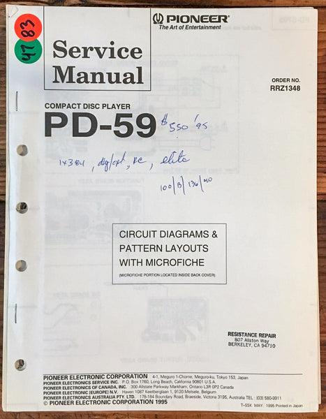 Pioneer PD-59 CD Player  Service Manual *Original*