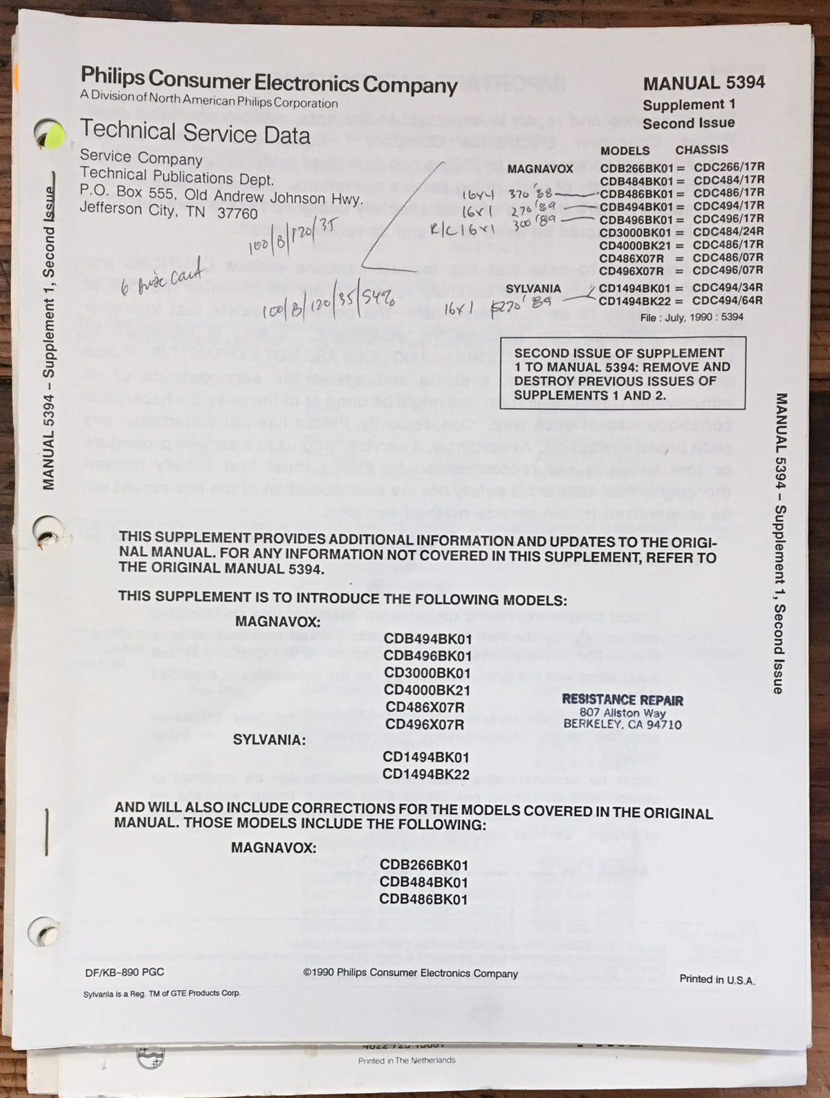 Philips / Magnavox CDC 266 484 486 494 496   Service Manual Supplement *Orig*