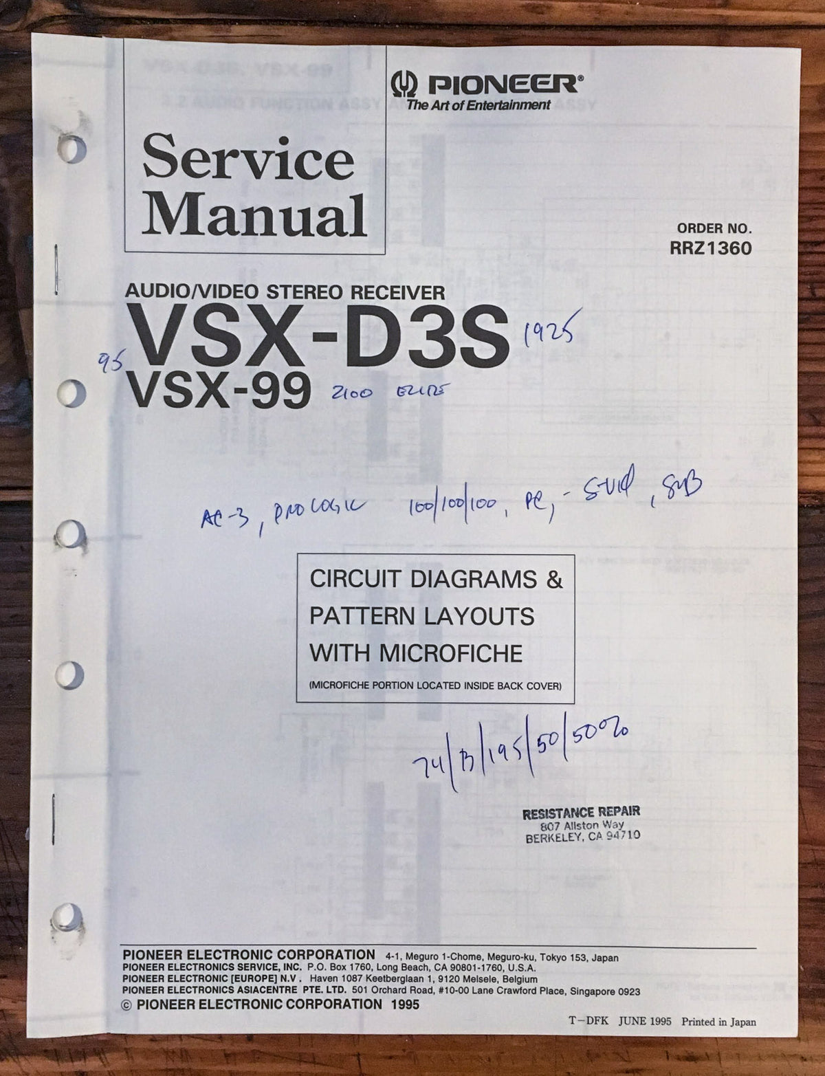 Pioneer VSX-D3S VSX-99 Receiver  Service Manual *Original*