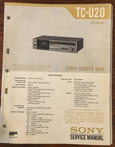 Sony TC-U20 CASSETTE Service Manual *Original*