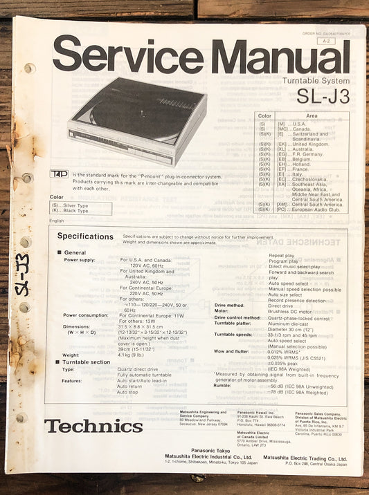 Technics SL-J3 Record Player / Turntable  Service Manual *Original*