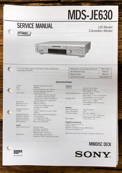Sony MDS-JE630 MD MiniDisc Deck  Service Manual *Original*