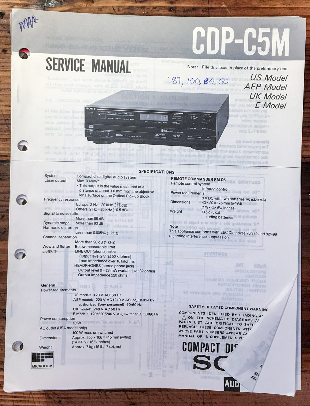 Sony CDP-C5M CD Player  Service Manual *Original* #1