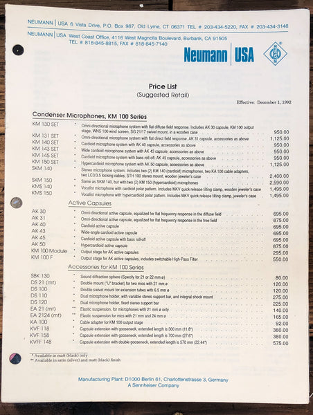 Neumann 1992 Micropone Price List 5 pg 1992   *Original*