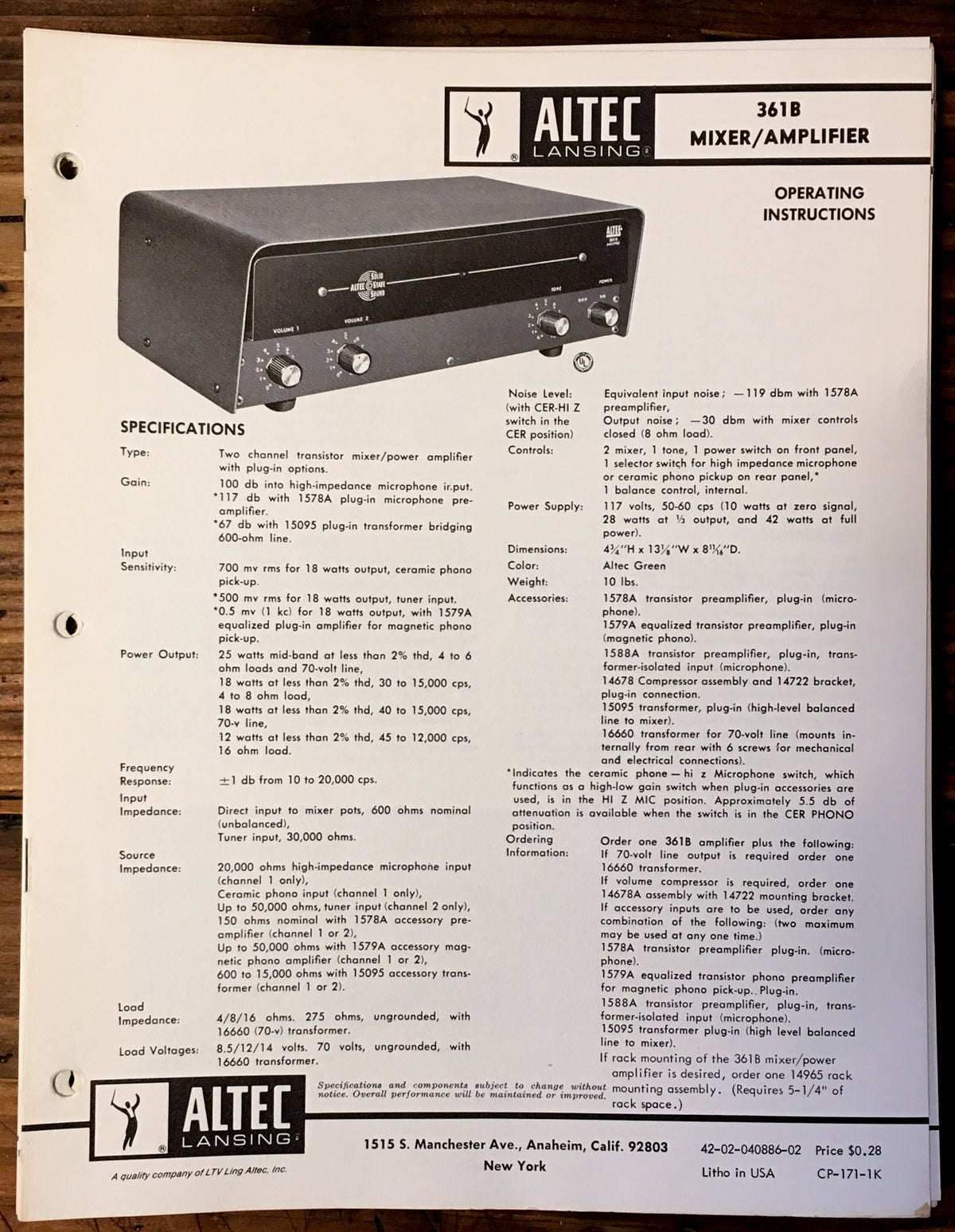 Altec Model 361B Amplifier Owner / Operating Manual *Original*