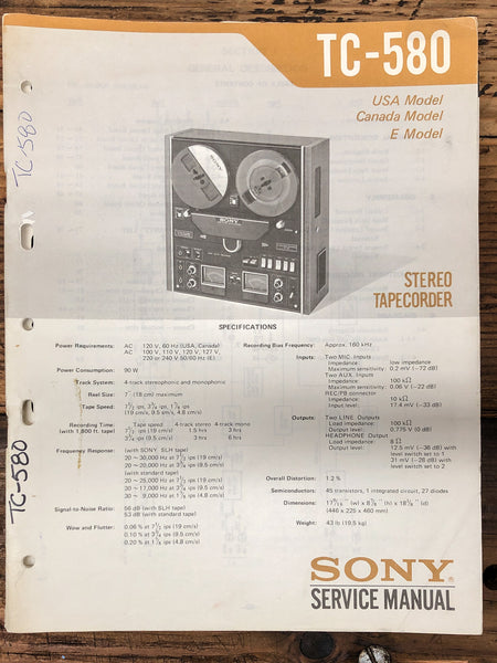 Sony TC-580 Reel to Reel  Service Manual *Original*