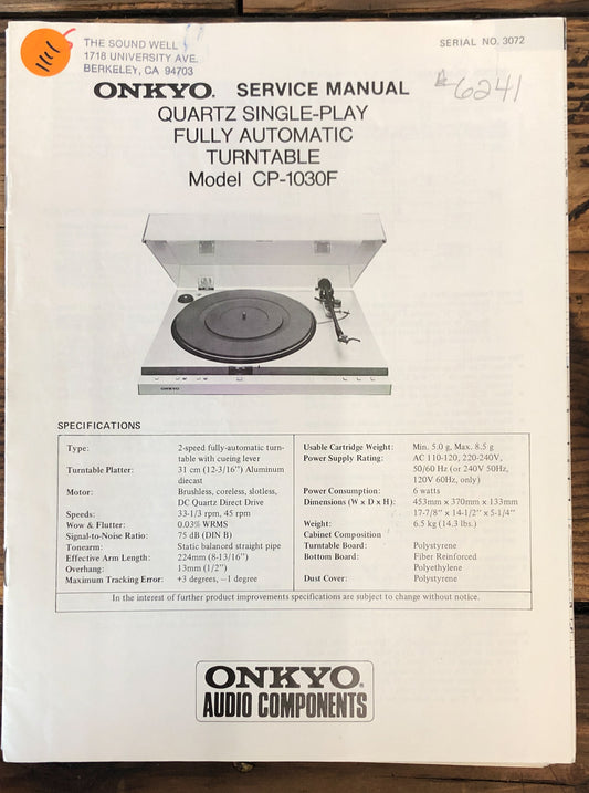 Onkyo CP-1030F Record Player / Turntable  Service Manual *Original*