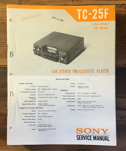 Sony TC-25F Tape Player Prelim. Service Manual *Original*
