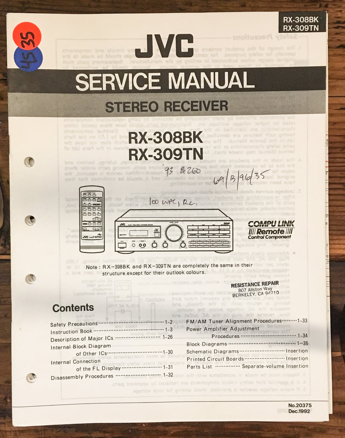 JVC RX-308 RX-309 BK TN Receiver Service Manual *Original*