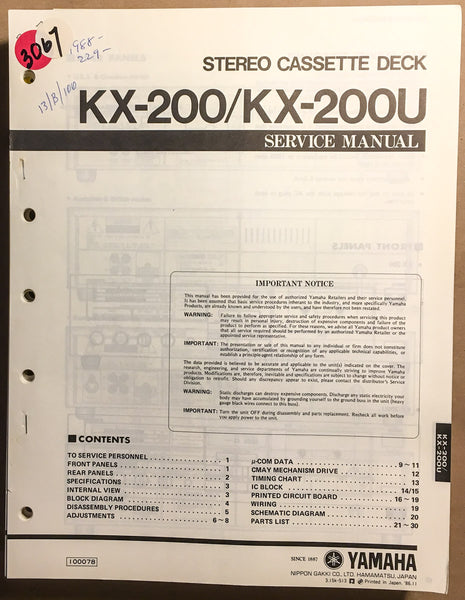 Yamaha KX-200 KX-200U Cassette  Service Manual *Original*