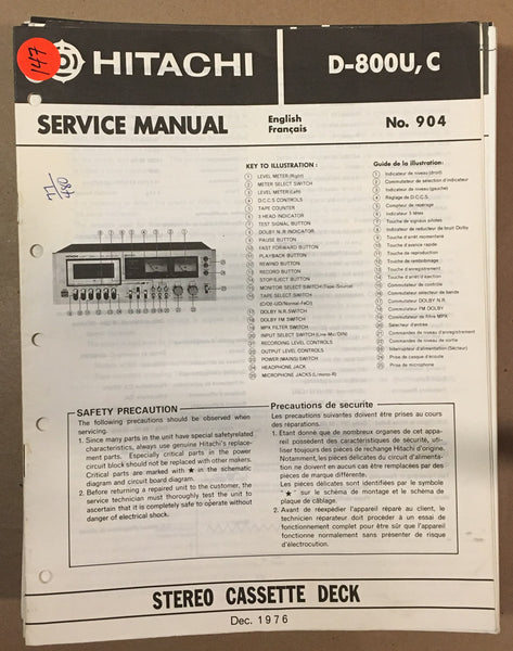 Hitachi D-800 Cassette  Service Manual *Original*