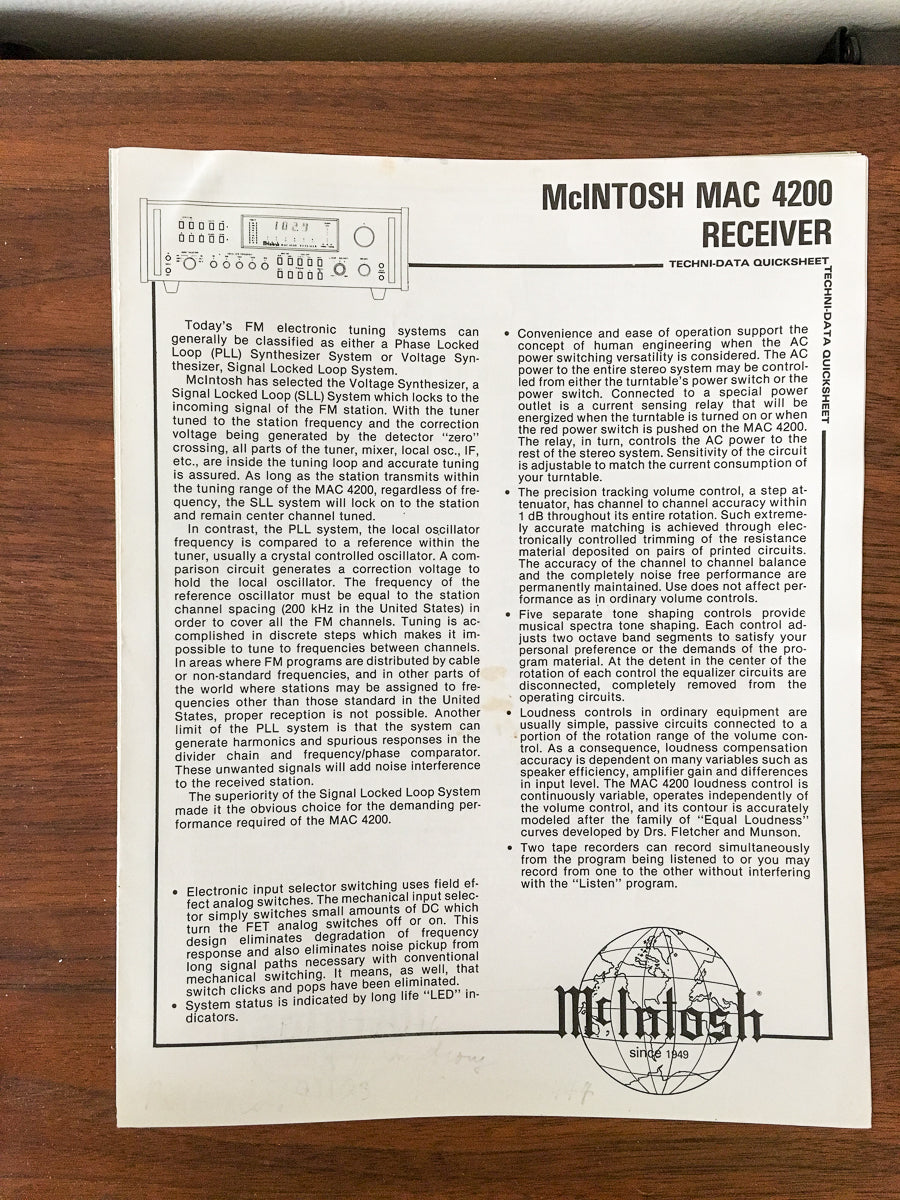 McIntosh MAC 4200 Receiver Dealer Spec Sheet *Original*